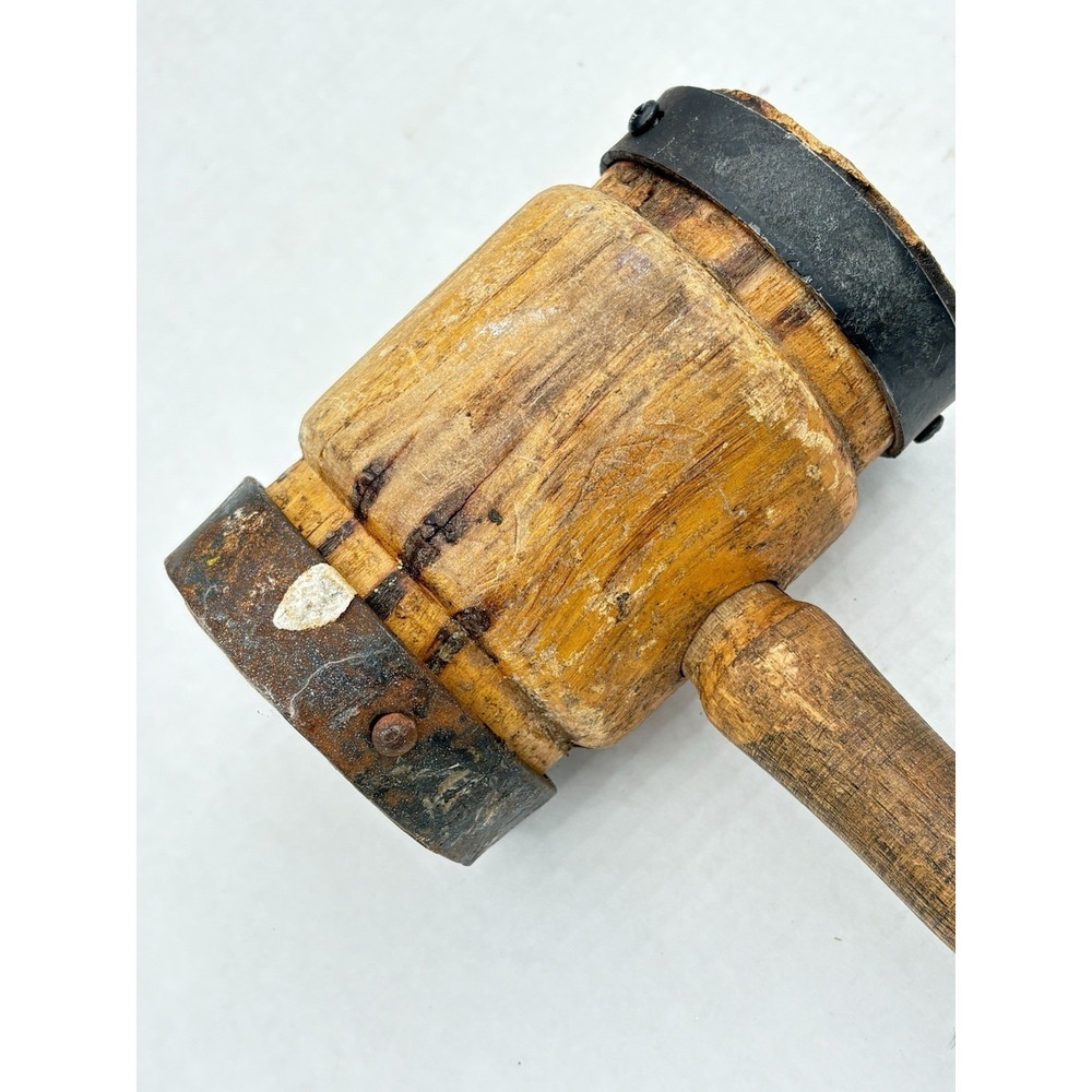 Antique Primitive Large Wood & Metal Mallet Hammer Rustic Decor Brutalist 13" - Picture 3 of 9